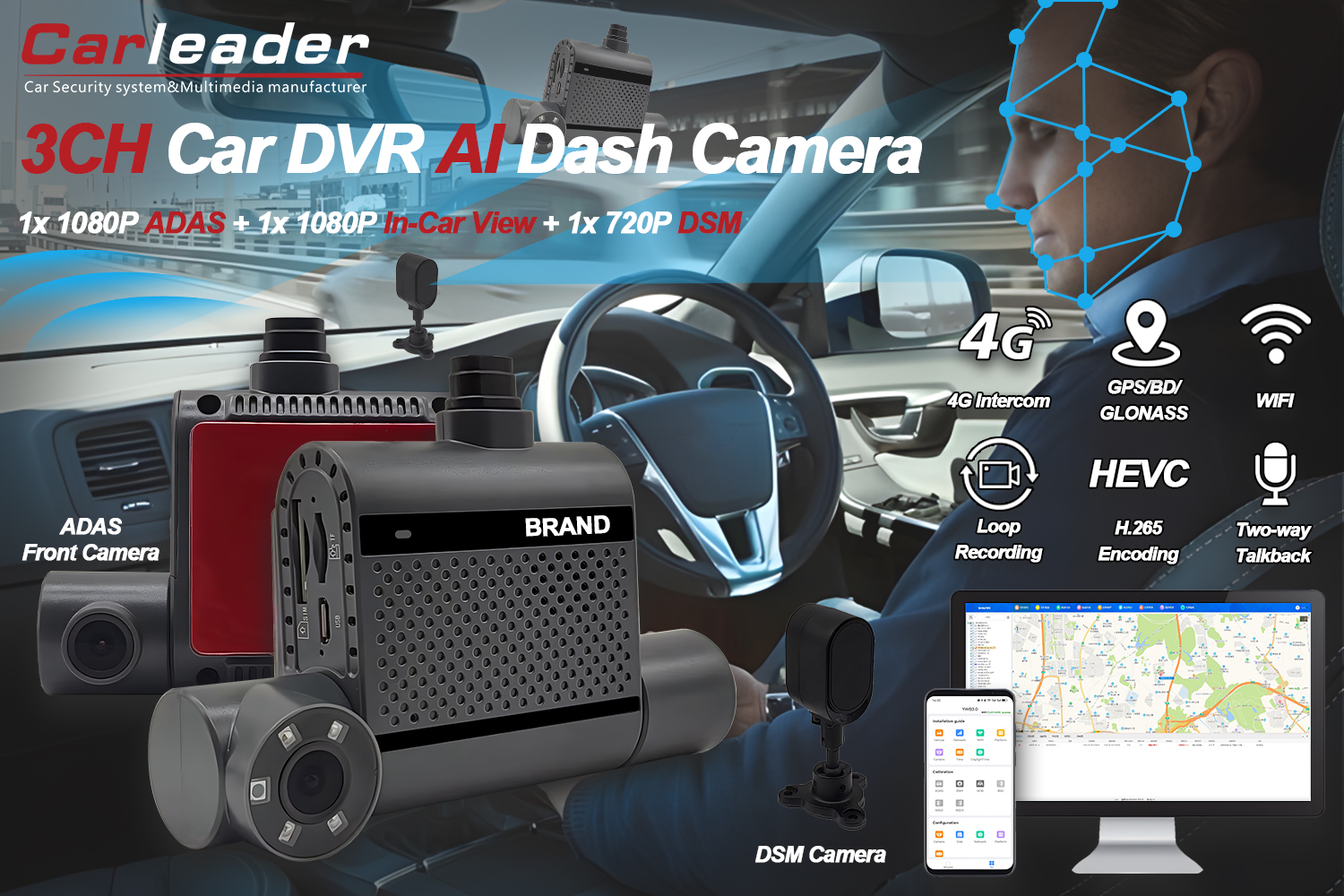 Camera hành trình AI kép 4G với ADAS và DSM